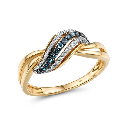 Blue Wave 14K Solid Yellow Gold Natural Blue and White Diamonds Ring Band for Women