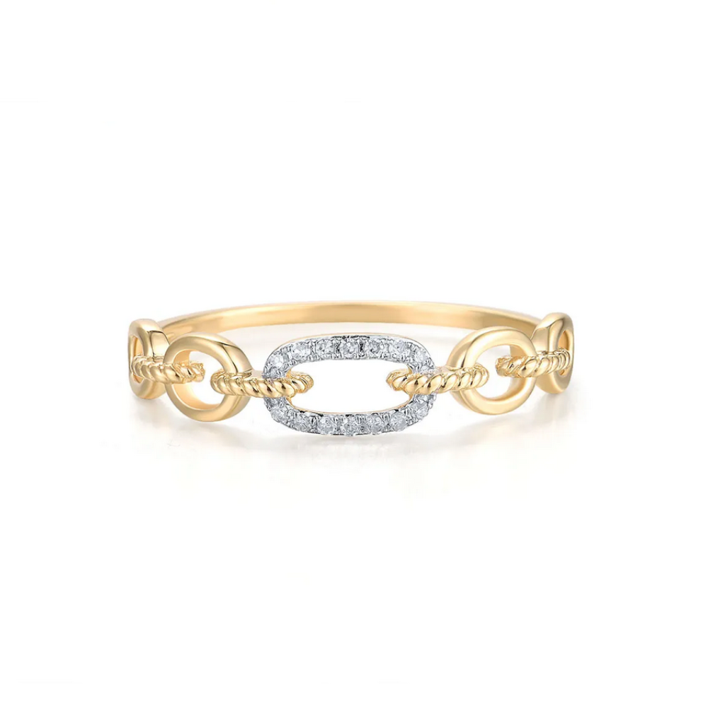 Cable Link 14K Solid Yellow Gold with 14 Natural Diamonds Ring Band for Women