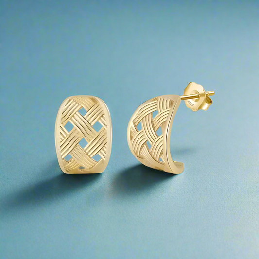 14K Gold Plated Sterling Silver Weave Stud Earrings for Women - Handmade Curved Design