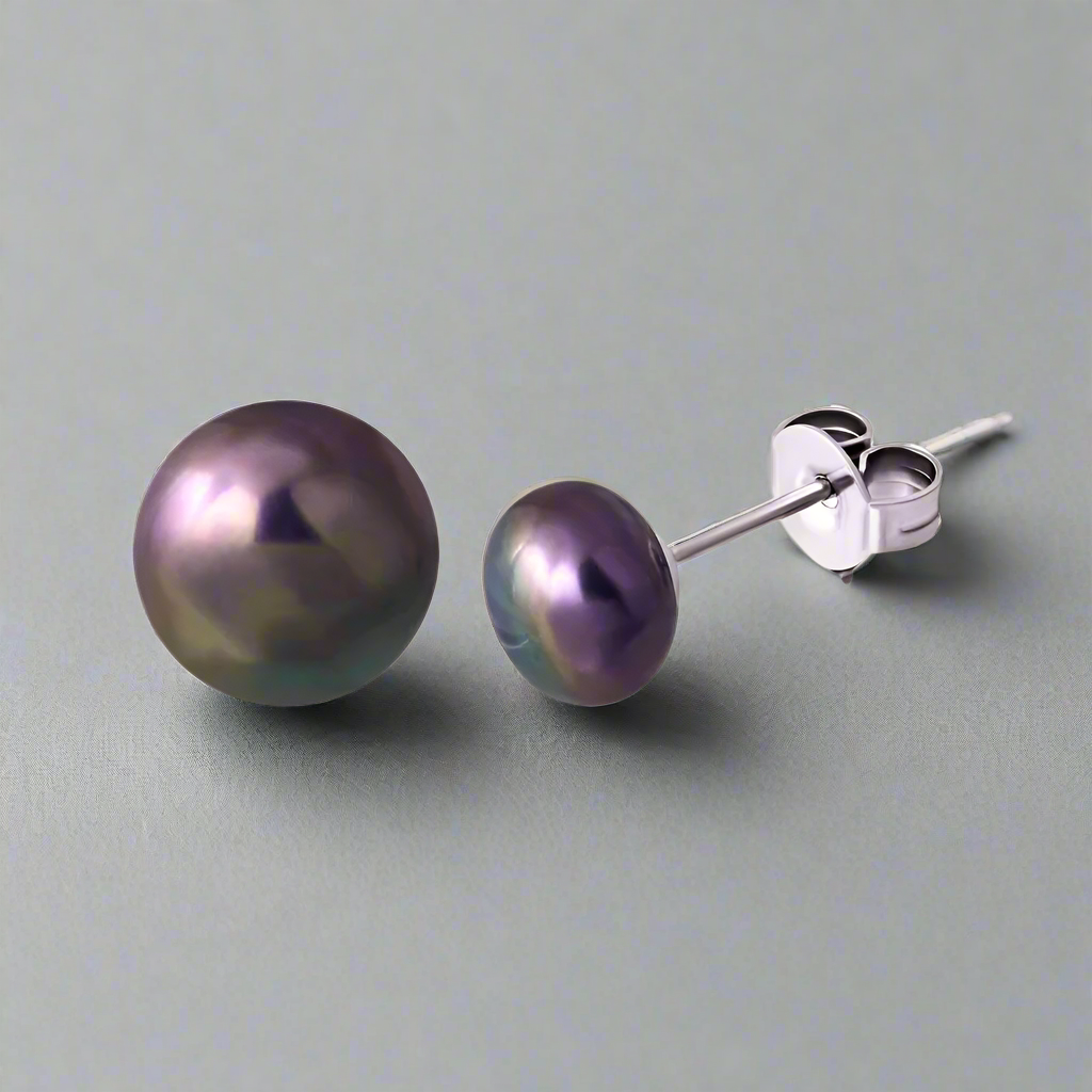 Peacock Iridescent Black 7mm Genuine Cultured Pearl Stainless Steel 316 Hypo-Allergenic Stud Earrings for Women