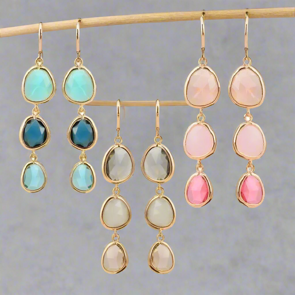 Shades Graduated Tri-Tone Dangling Crystal Lever Back Earrings ~ Five Colors to Choose