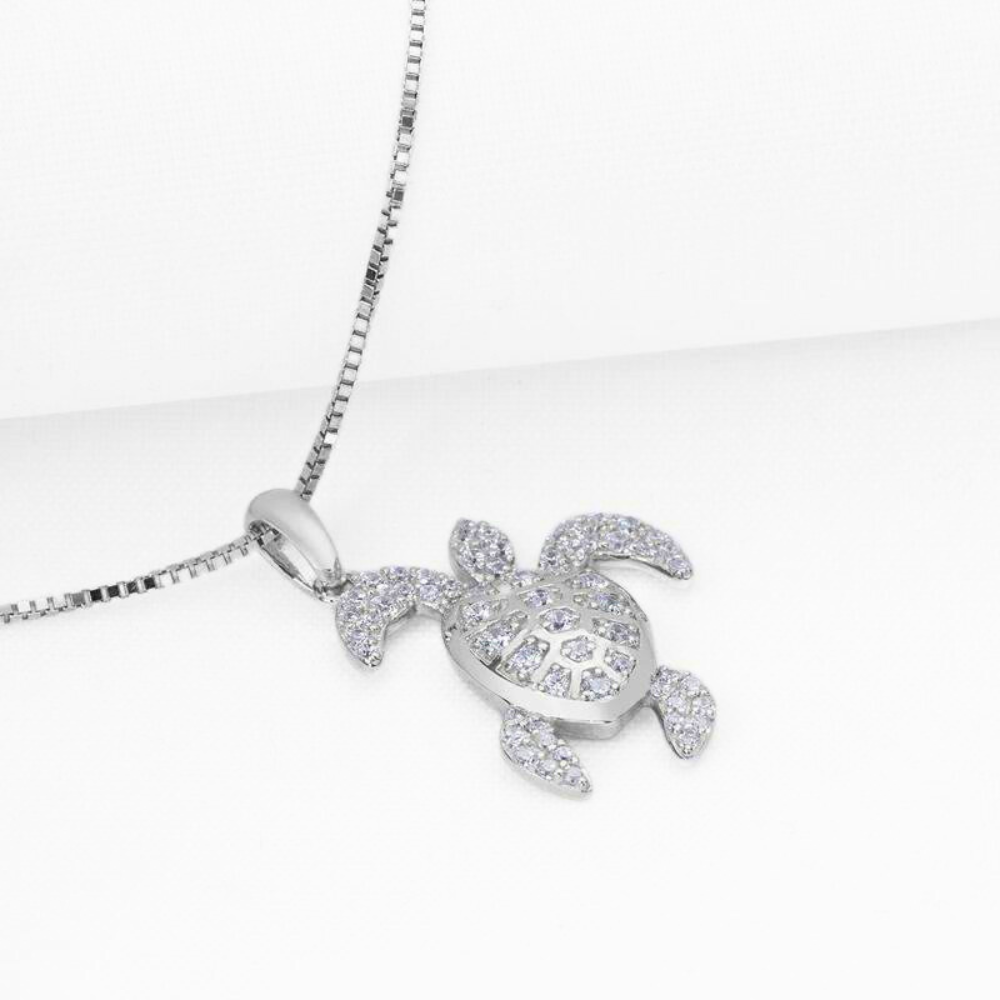 La Mer Pavé Sea Turtle Sterling Silver IOBI Simulated Diamond Pendant for Woman Bridal Engagement Wedding Anniversary Gift