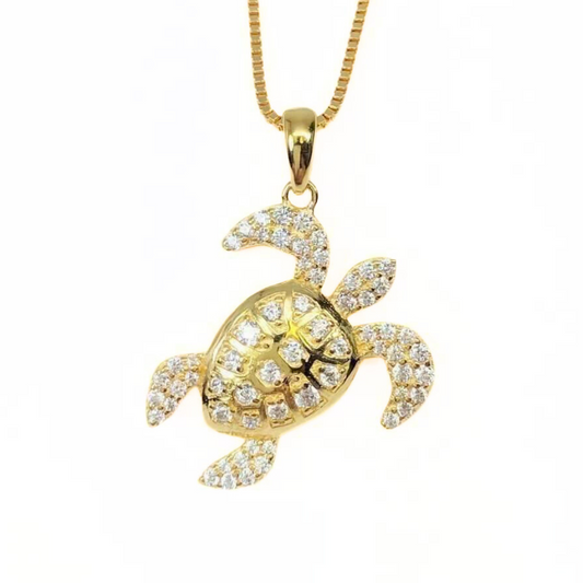 La Mer Pavé Sea Turtle Sterling Silver IOBI Simulated Diamond Pendant for Woman Bridal Engagement Wedding Anniversary Gift