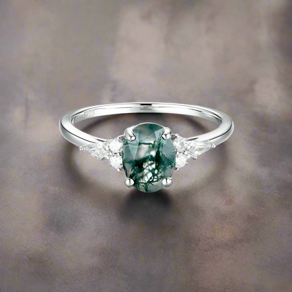 1.2Ct Oval Cut Natural Moss Agate Gemstone Ring Cz Accent With 14K Gold Plating Over Solid Silver for Women