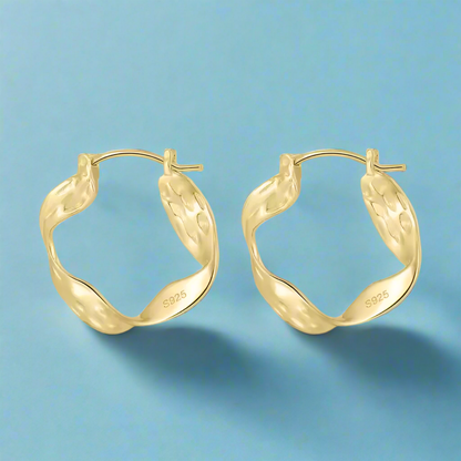 14K Gold Plated Sterling Silver Twisted Hoop Stud Earrings for Women - Handmade Curved Design