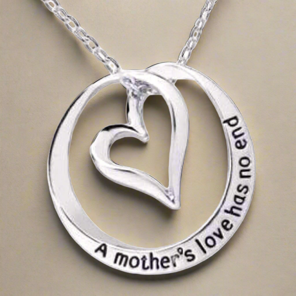 Mother's Love Has No End Inspirational Stamped Heart Necklace for Women Special Occasion in White Gold