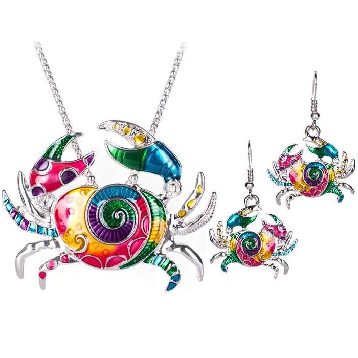 Artsy Crab Enamel Necklace and Earrings Set