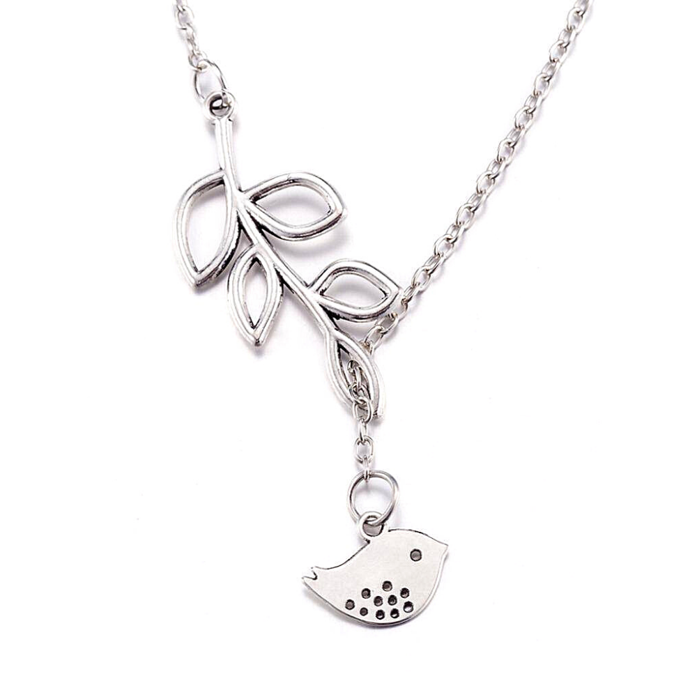 14K White Gold Plated Cute Bird Leaf Vine Thread Necklace for Woman Everyday Wear or Gift