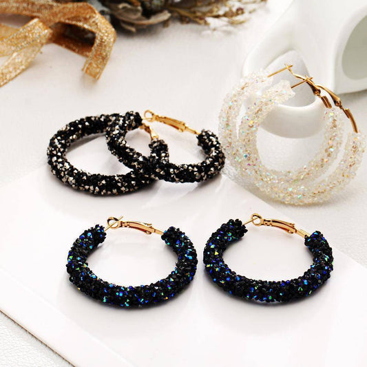 Fun-Tastic Crystal Bold Hoop Earrings for Women in Black, Iridescent Black, or Opalescent White