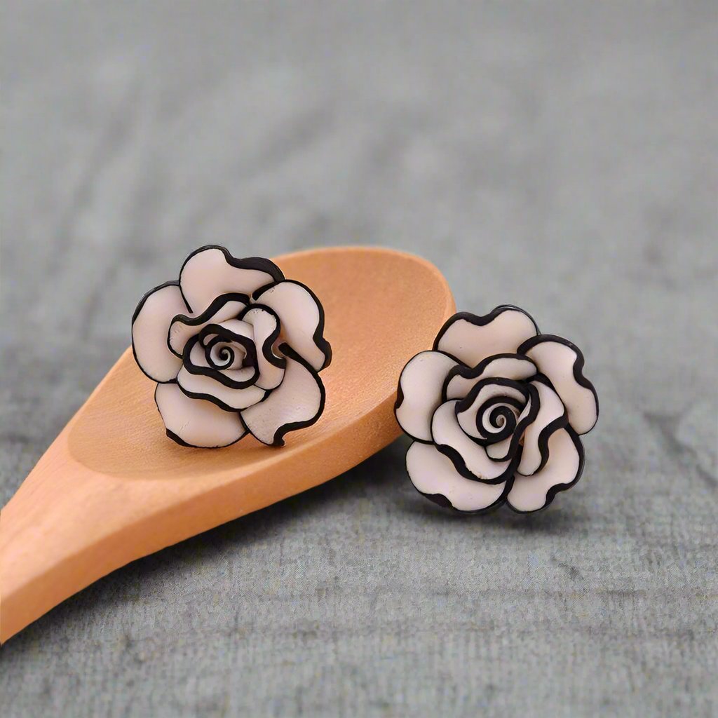 Black and White Rose Hand Crafted Clay Stud Earrings for Women 316 Steel Hypoallergenic