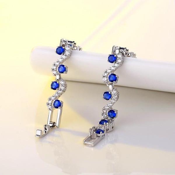 Petite 14K White Gold Plated Sapphire Blue Waves CZ Diamonds Small Wrist Tennis Bracelet for Women Special Occasion