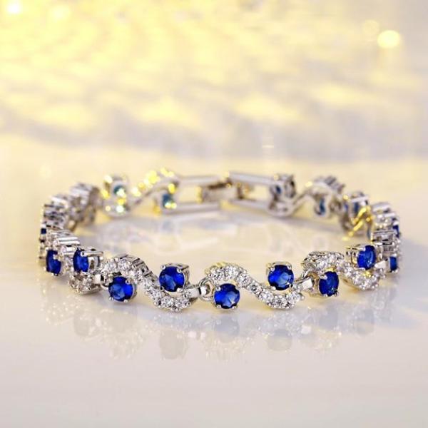 Petite 14K White Gold Plated Sapphire Blue Waves CZ Diamonds Small Wrist Tennis Bracelet for Women Special Occasion