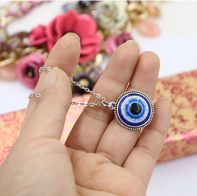 Blue Evil Eye Cabochon Resin Pendant Necklace for Woman