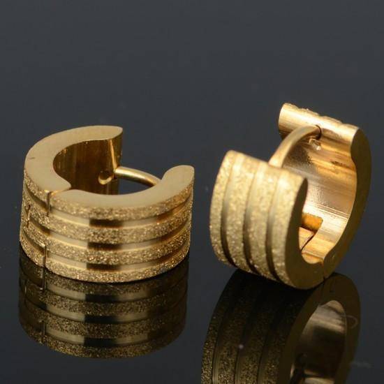 Brushed Stripes Gold Huggie Hoop Stainless Steel Earrings - For Men or Women