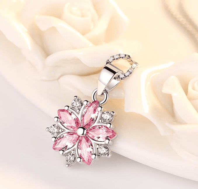 Cherry Blossoms Cubic Zirconia 14K White Gold Plated Necklace for Women