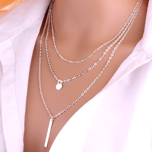 Delicately Layered White Gold Bead Three Chain Necklace for Woman