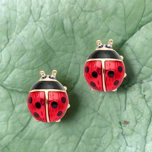 Delightful Red Enamel and Gold Lady Bug Stud Earrings for Woman