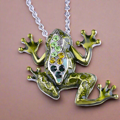 Fabulous Frog Enamel & CZ Pendant Necklace for Woman