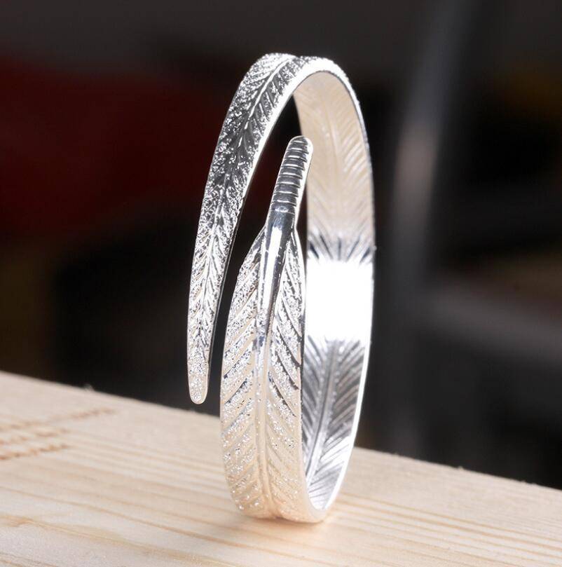 Etched Feather Bangle Cuff Bracelet