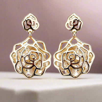 14K Gold Plated Floating Diamonds Roselet Earrings for Woman