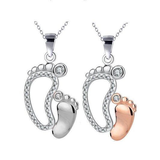 Mother & Child 14K White Rose Gold Plated Cz Footprints Woman Necklace