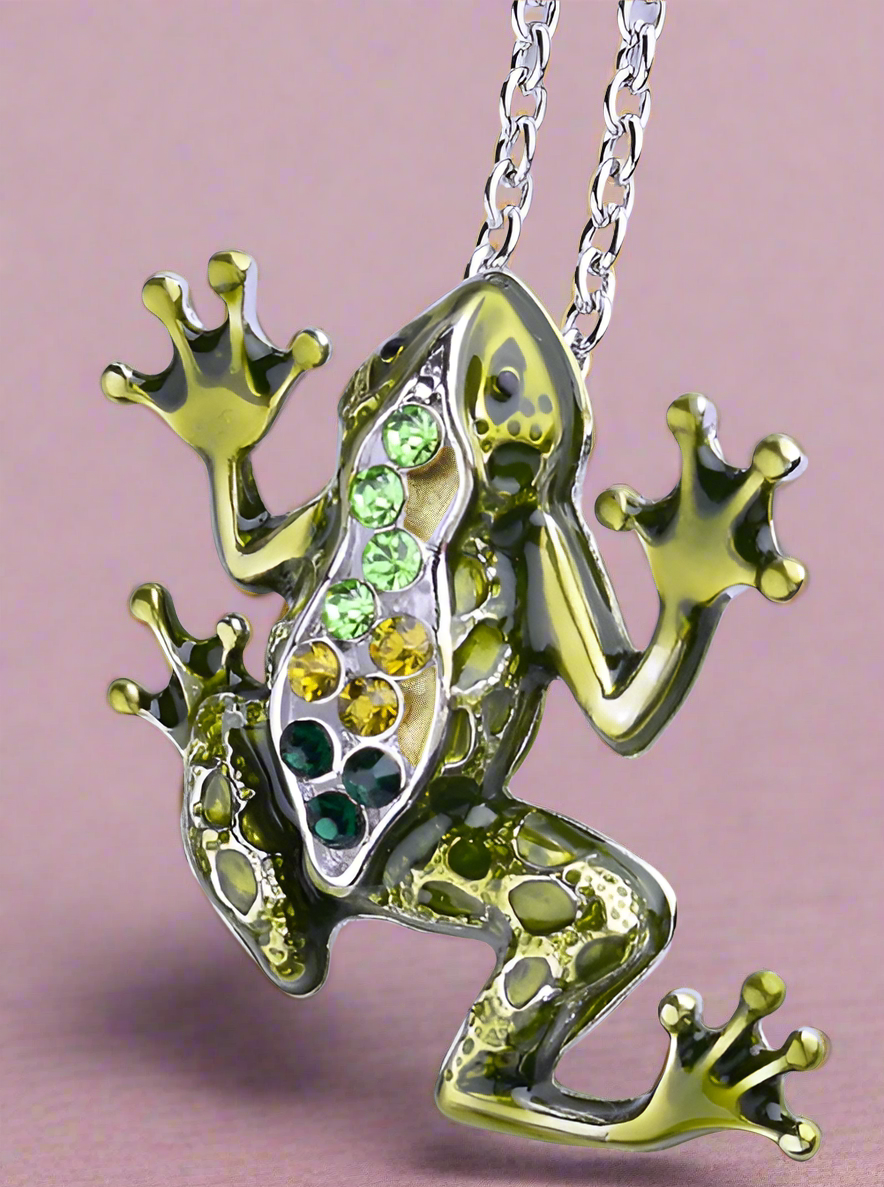 Fabulous Frog Enamel & CZ Pendant Necklace for Woman