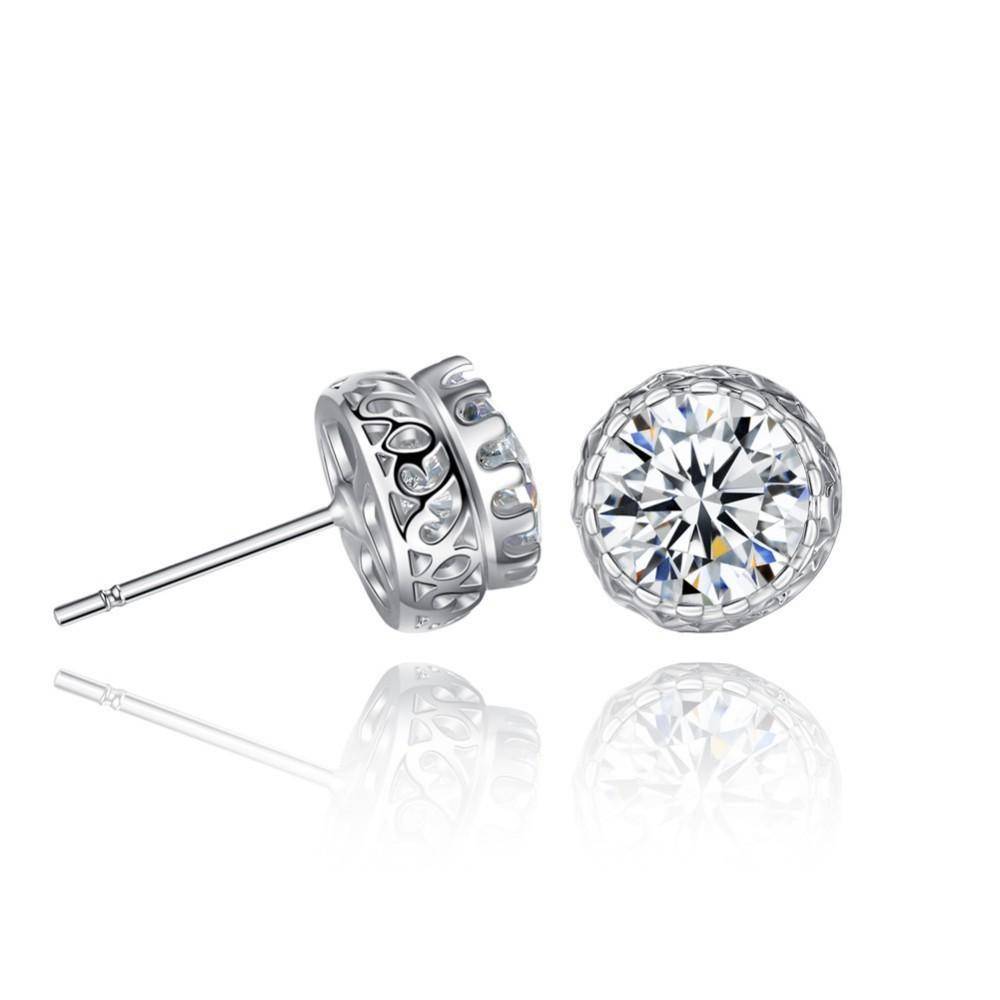 Grand Crown 14K White Gold Plated IOBI Zirconia Stud Earrings for Women by Feshionn IOBI