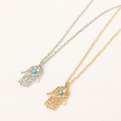 Turquoise Bead and Scrolls Gold plated Hamsa Necklace for Women