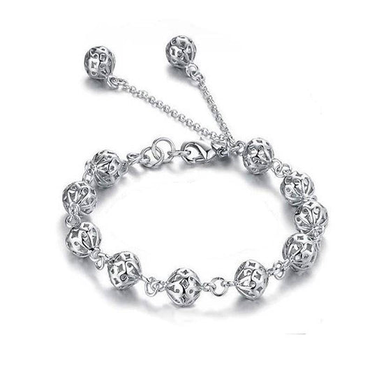 Lacework Beads Openwork Filigree design 8 Inch Silver Bracelet for Women