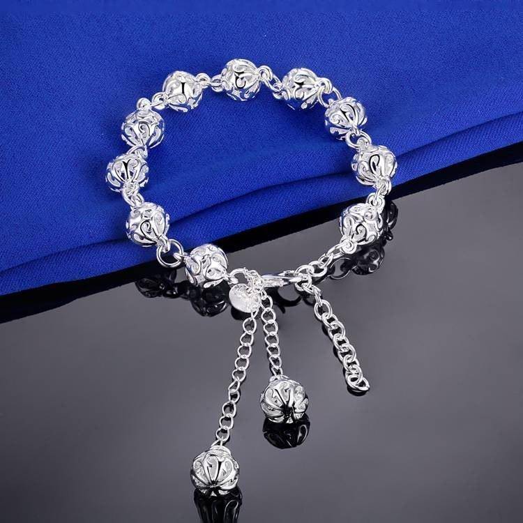 Lacework Beads Openwork Filigree design 8 Inch Silver Bracelet for Women