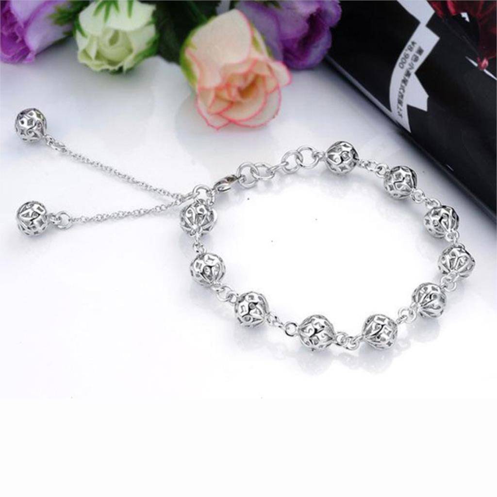 Lacework Beads Openwork Filigree design 8 Inch Silver Bracelet for Women