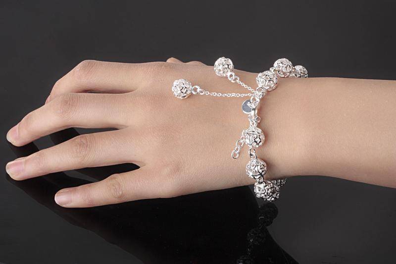 Lacework Beads Openwork Filigree design 8 Inch Silver Bracelet for Women