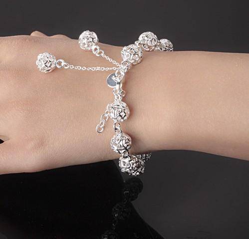 Lacework Beads Openwork Filigree design 8 Inch Silver Bracelet for Women