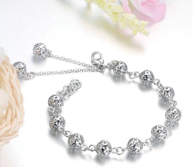 Lacework Beads Openwork Filigree design 8 Inch Silver Bracelet for Women