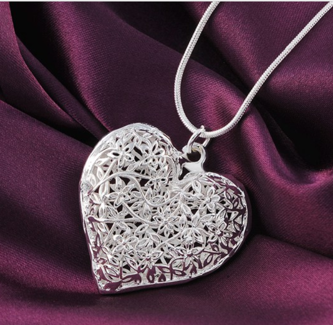 Flowering Scroll Design Puffed Heart Silver Necklace for Woman