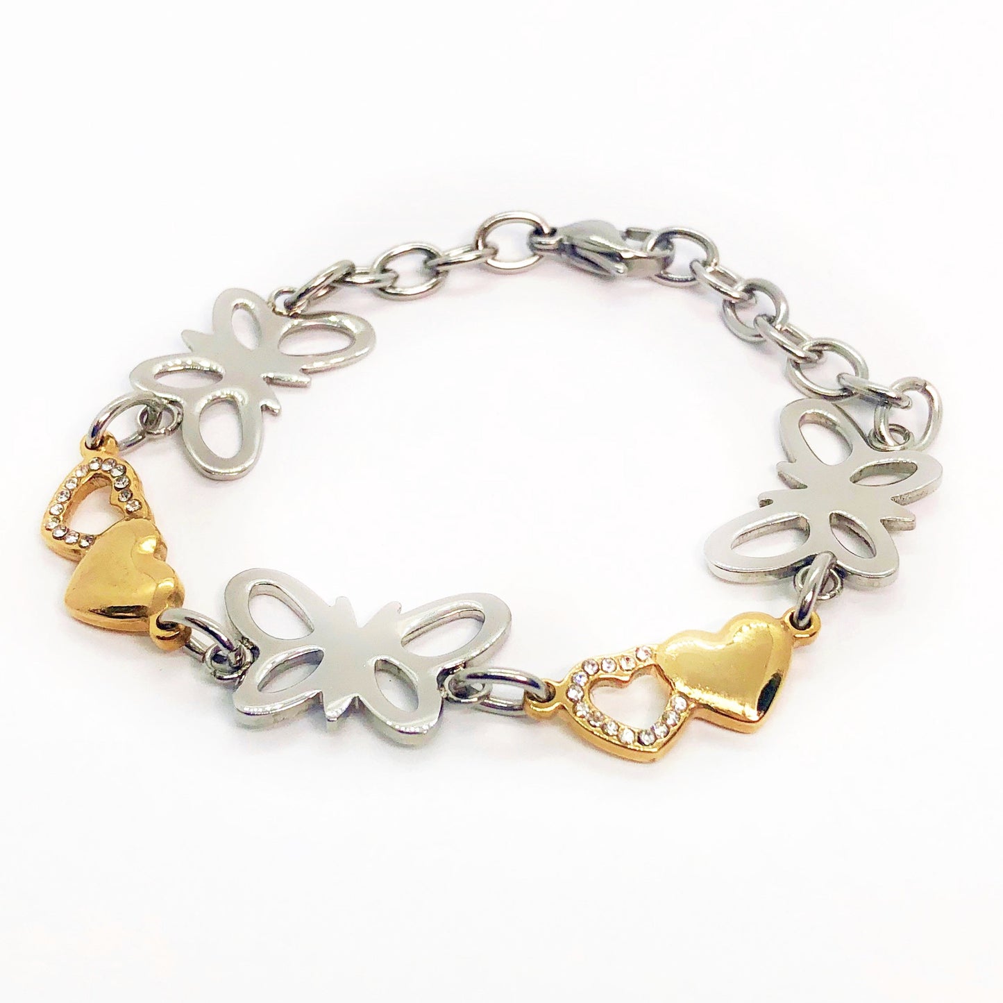 Butterfly Hearts Two Tone Stainless Steel Bracelet