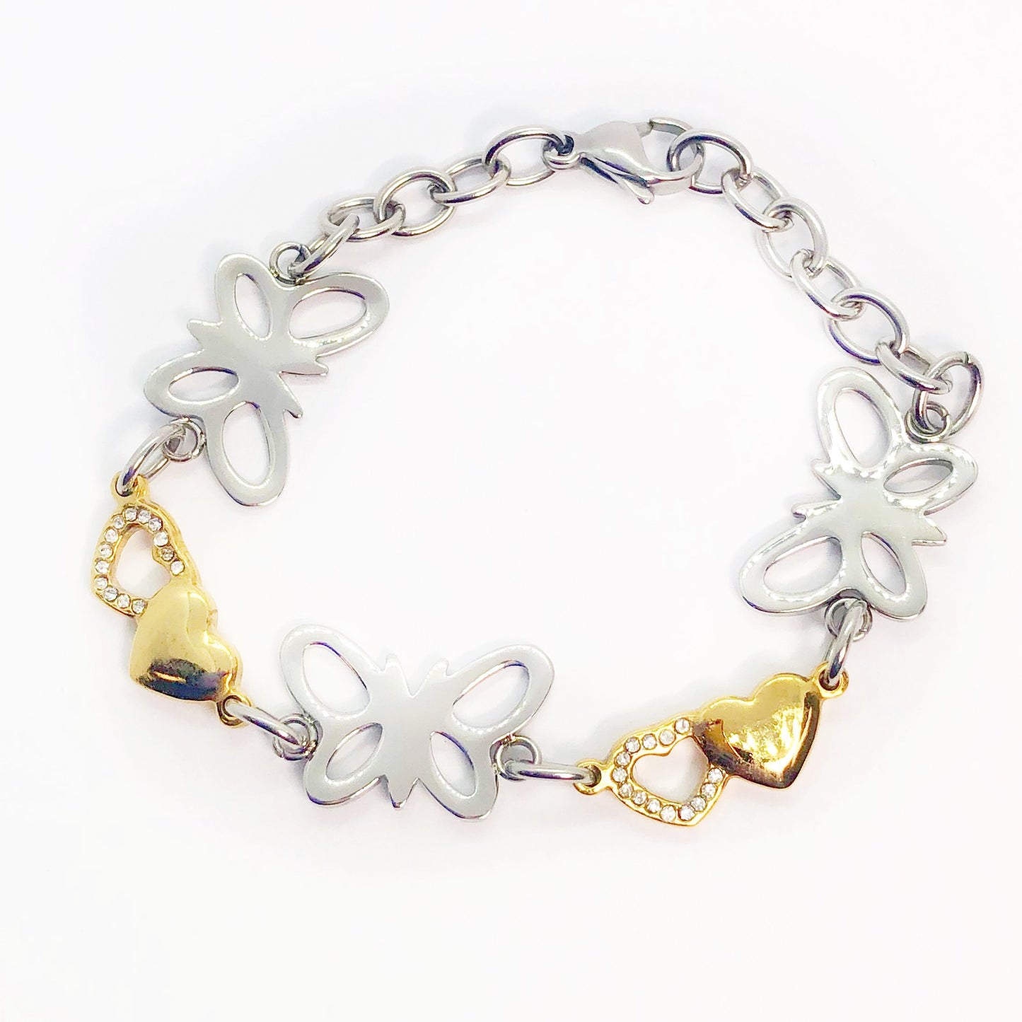 Butterfly Hearts Two Tone Stainless Steel Bracelet