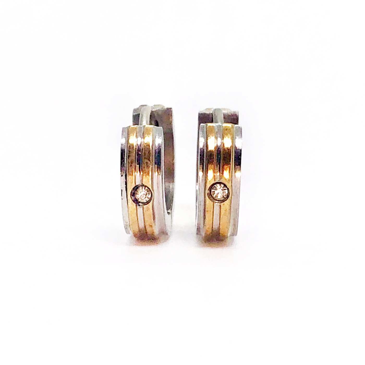 Two Tone Stripes CZ Stainless Steel Huggie Hoop Earrings - For Men or Women