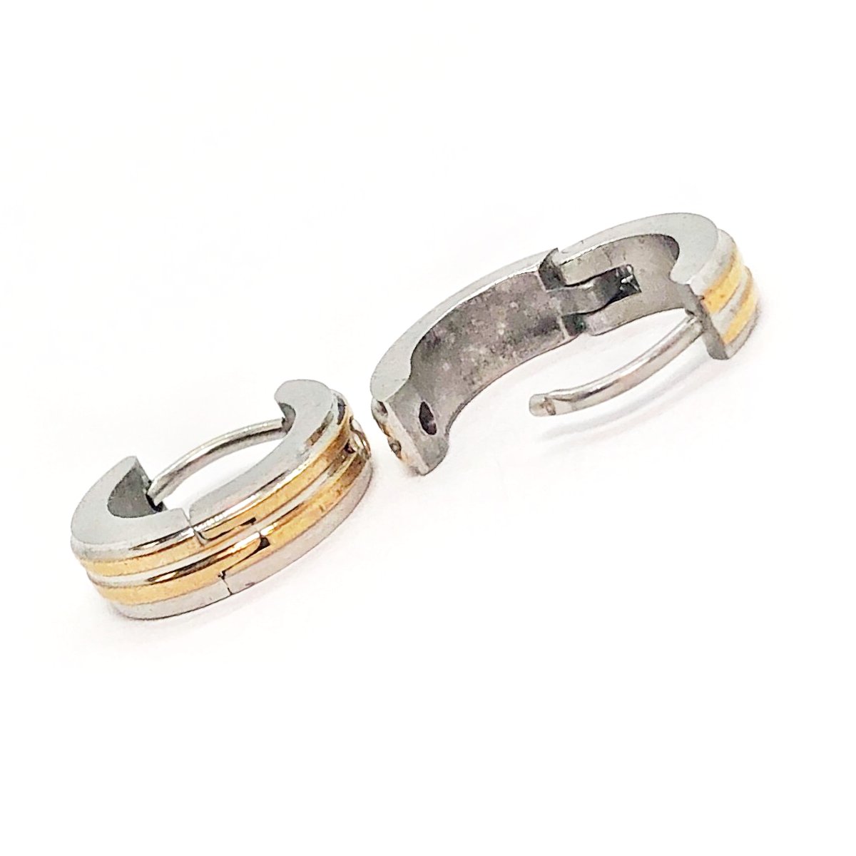 Two Tone Stripes CZ Stainless Steel Huggie Hoop Earrings - For Men or Women