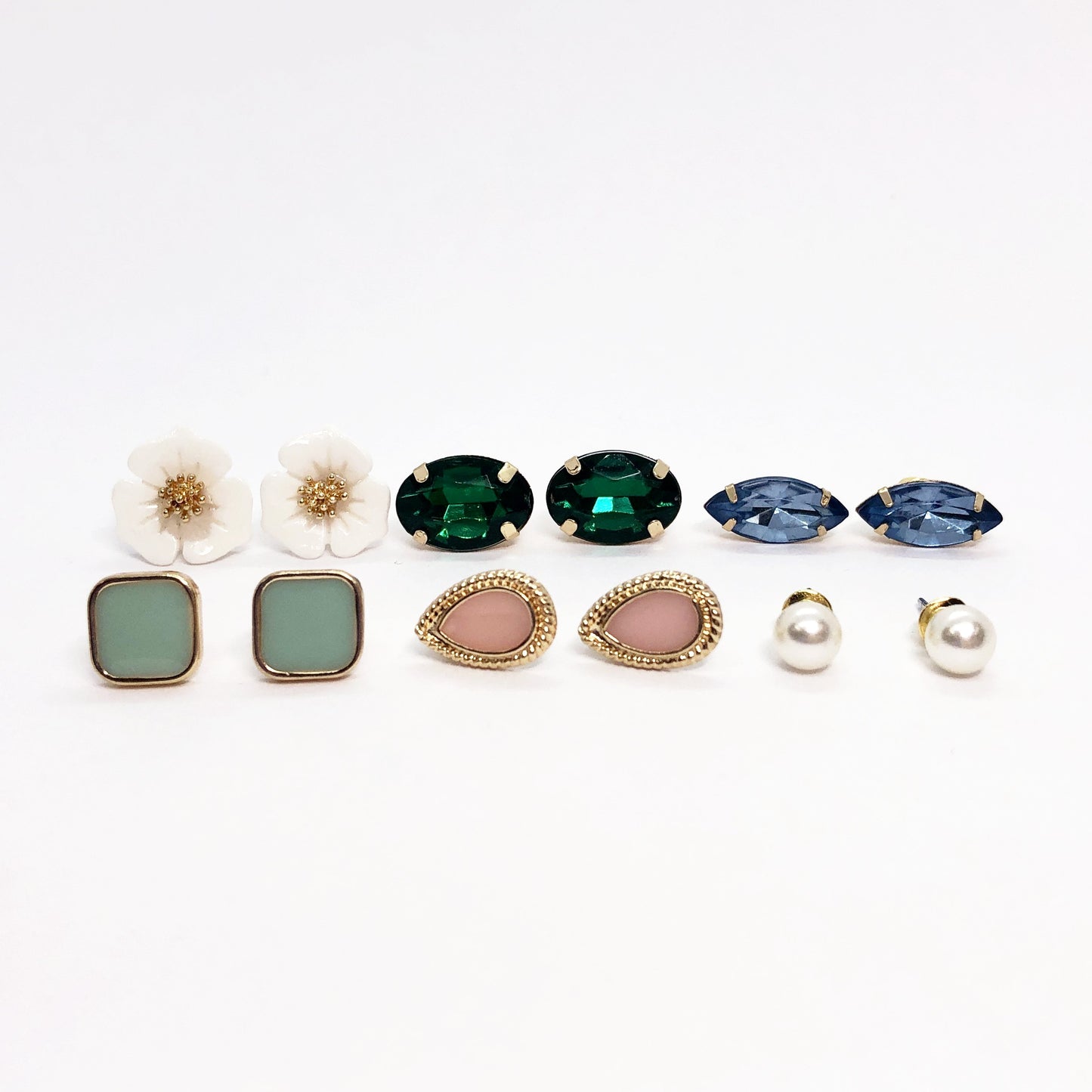 Mix & Match Six Piece Stud Earring Ensemble Blue - Green