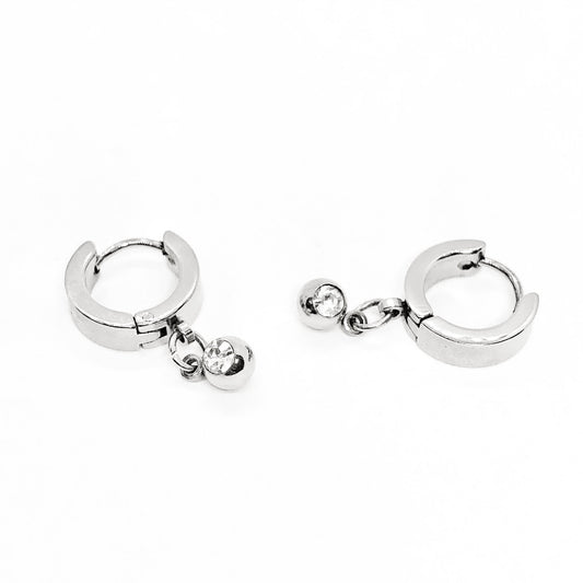 Dangling CZ Bead Stainless Steel Huggie Hoop Earrings