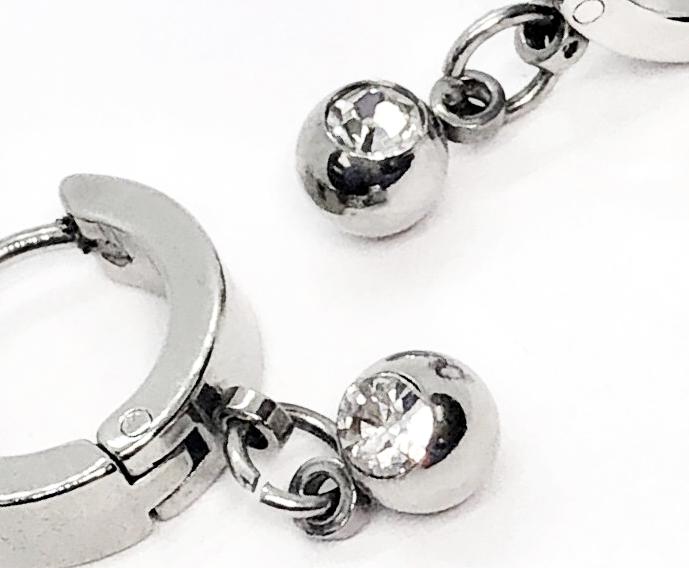 Dangling CZ Bead Stainless Steel Huggie Hoop Earrings