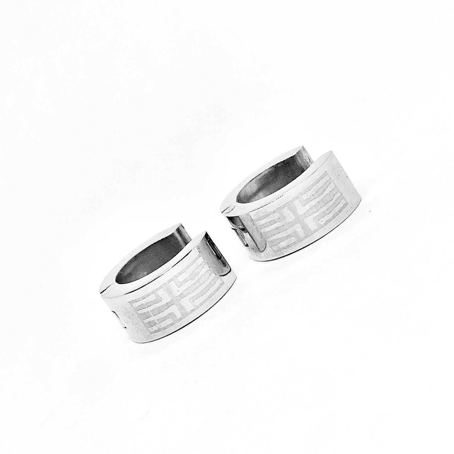 Wide Greek Key Stainless Steel Huggie Hoop Earrings