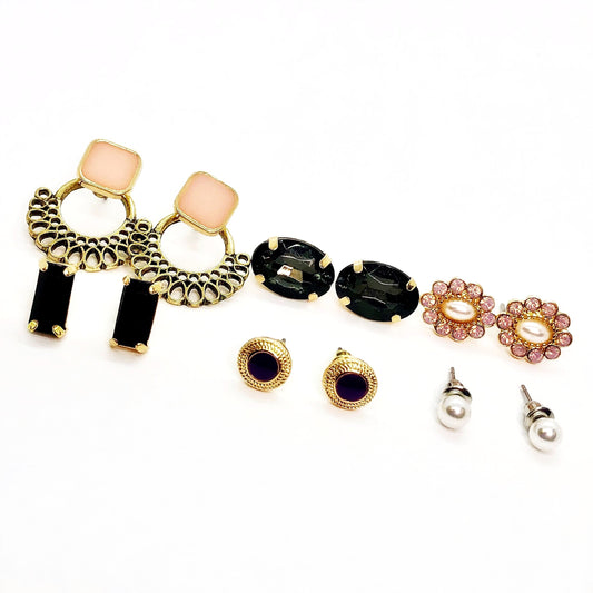 ON SALE - Mix & Match Six Piece Stud Earring Ensemble Black - Pink