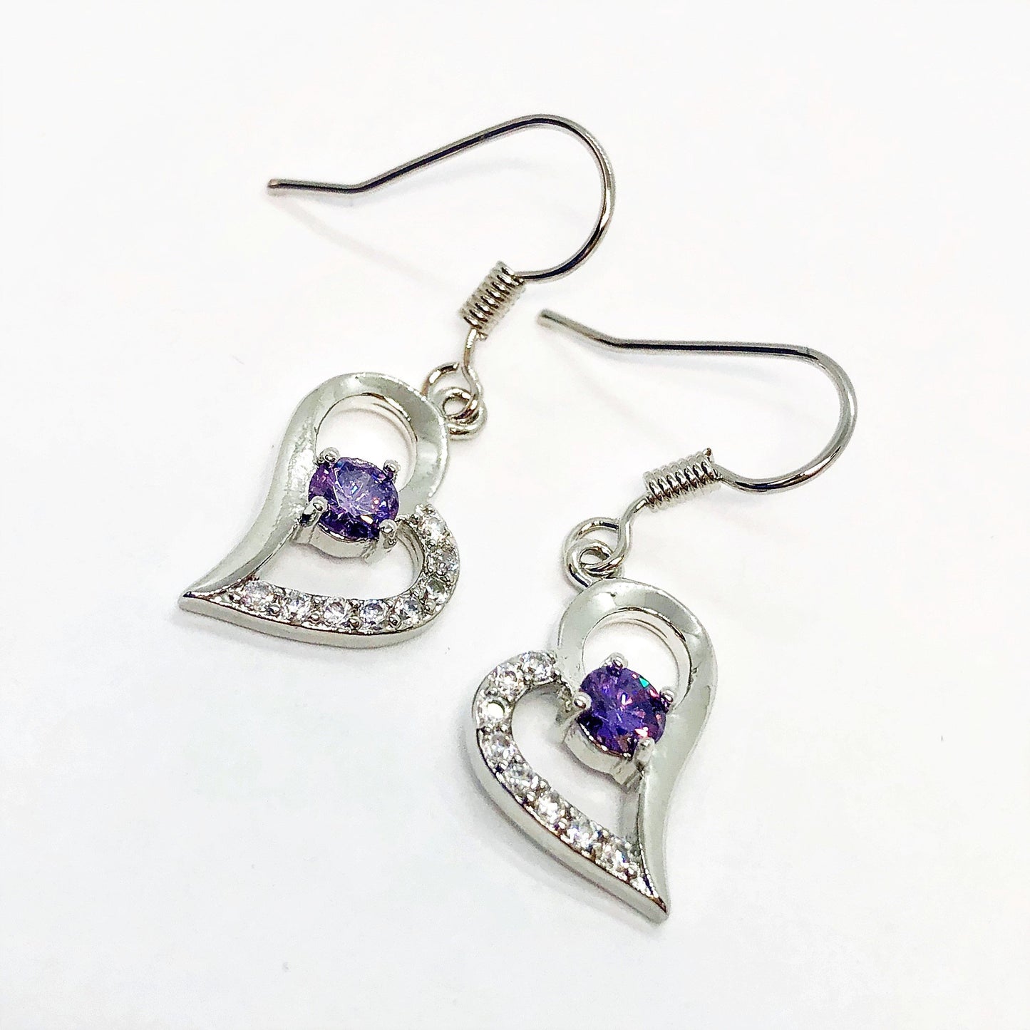 Exaggerated Silver Heart Purple Zirconia Earrings