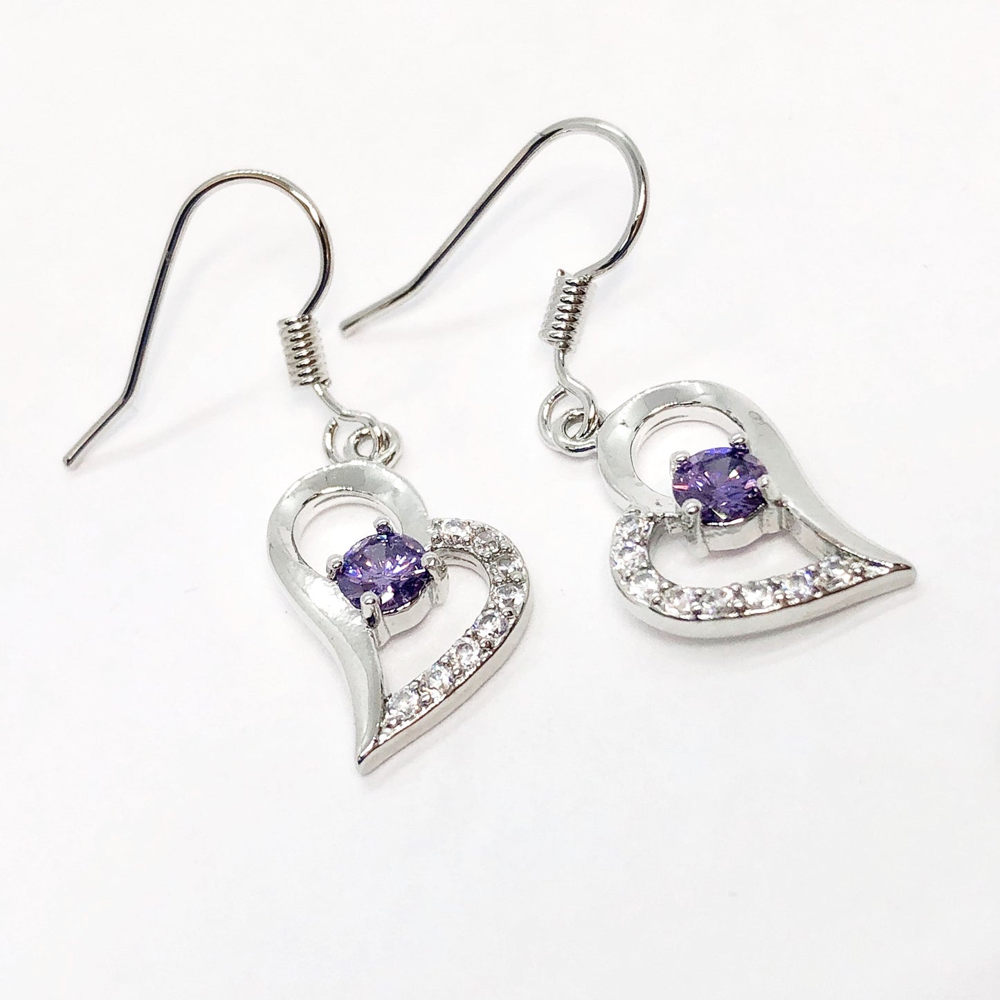 Exaggerated Silver Heart Purple Zirconia Earrings