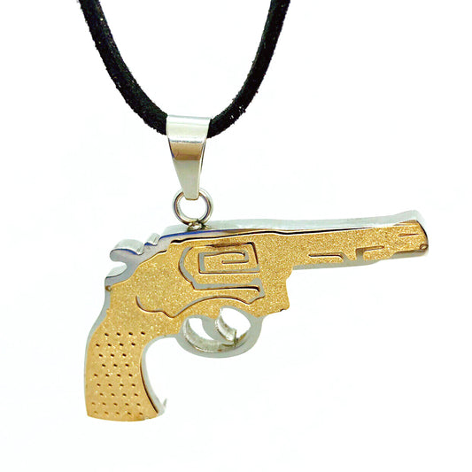 Gold Sandblasted Stainless Steel Revolver Pendant Necklace