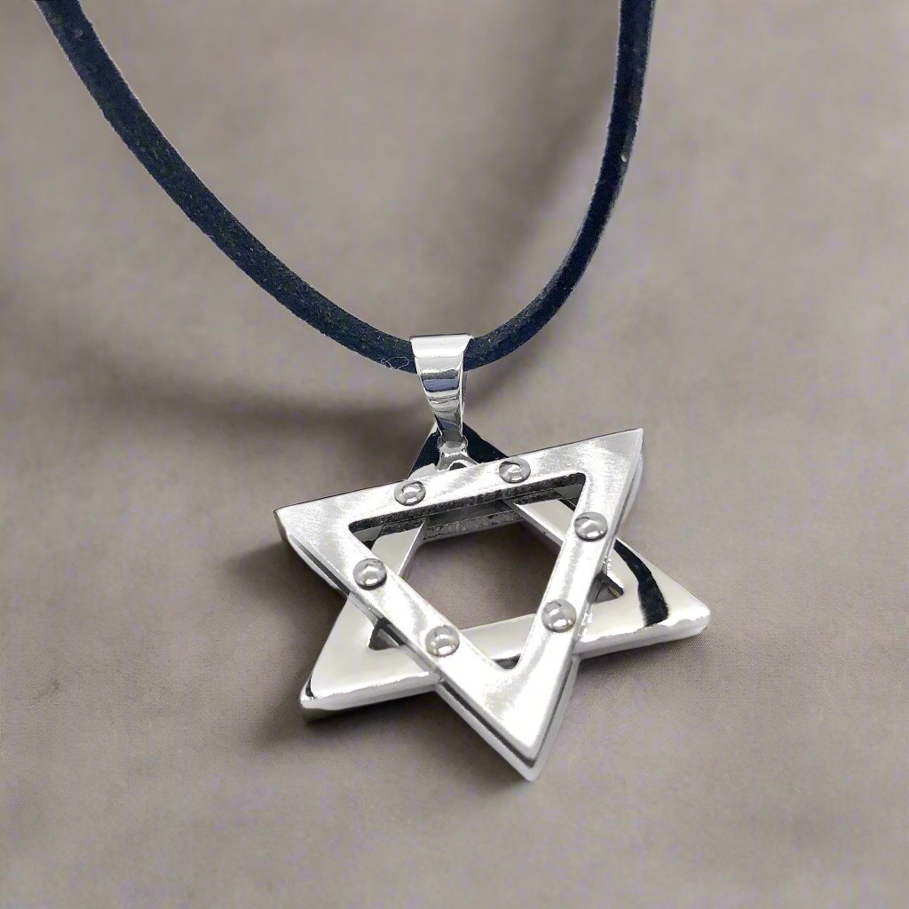 Men's Double Star of David Necklace – Studded 316L Stainless Steel with Suede Leather Cord