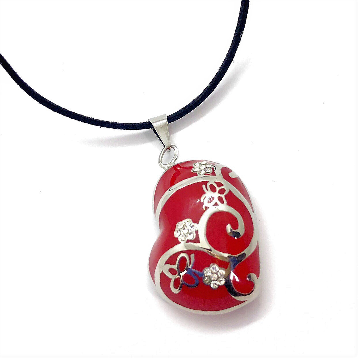 Red Enamel CZ Flowered Stainless Steel Heart Necklace