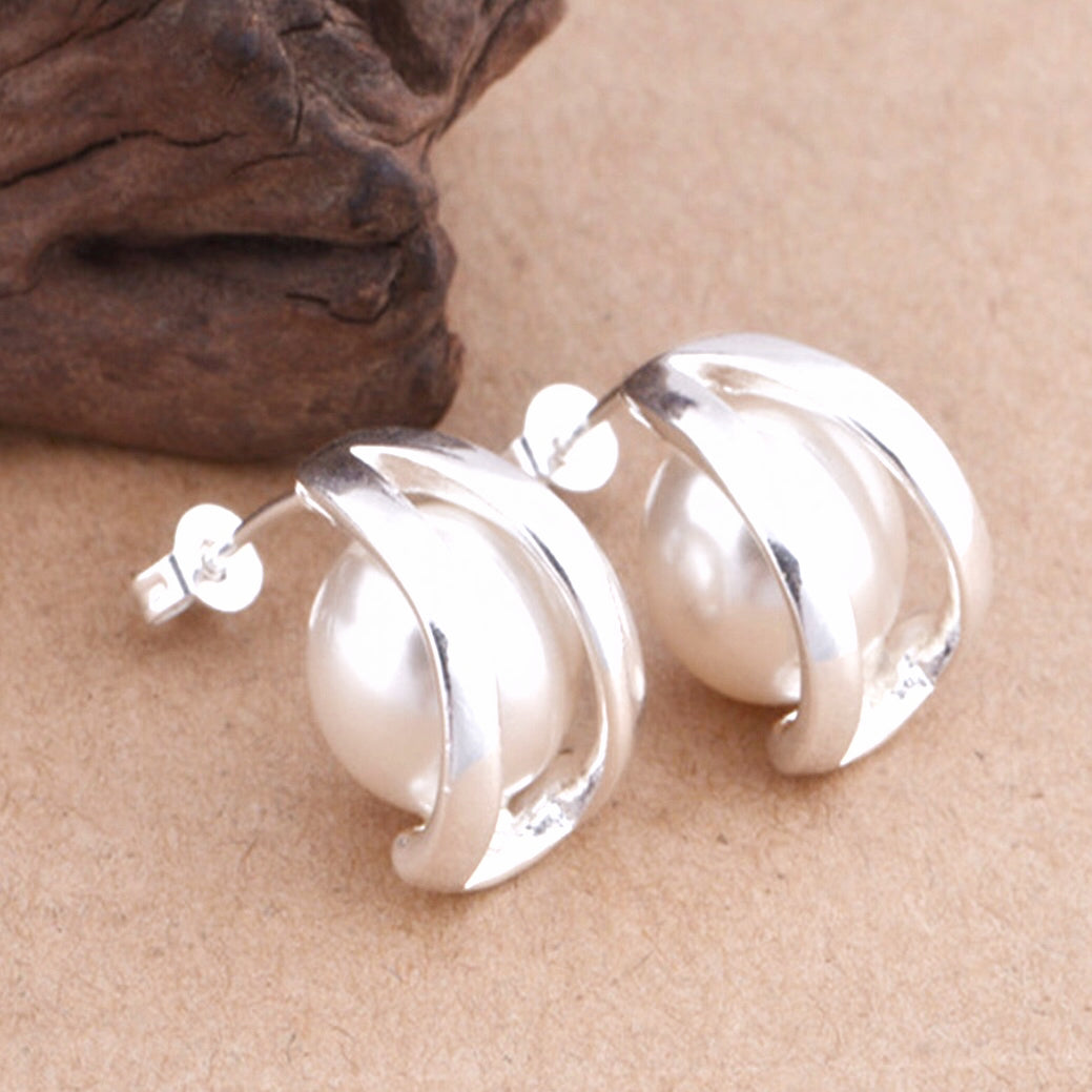 Shiny Silver Half Hoop Pearl Earring